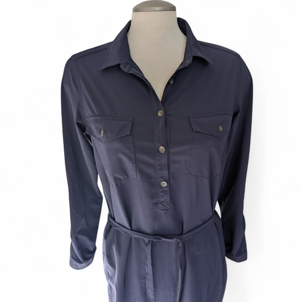 Eddie Bauer Departure Dress Medium Petite Blue Travel Dress Tie Waist